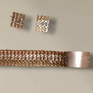 Mexico Vintage Signed Tritone silver Alloy Sterling bracelet Clip On earrings